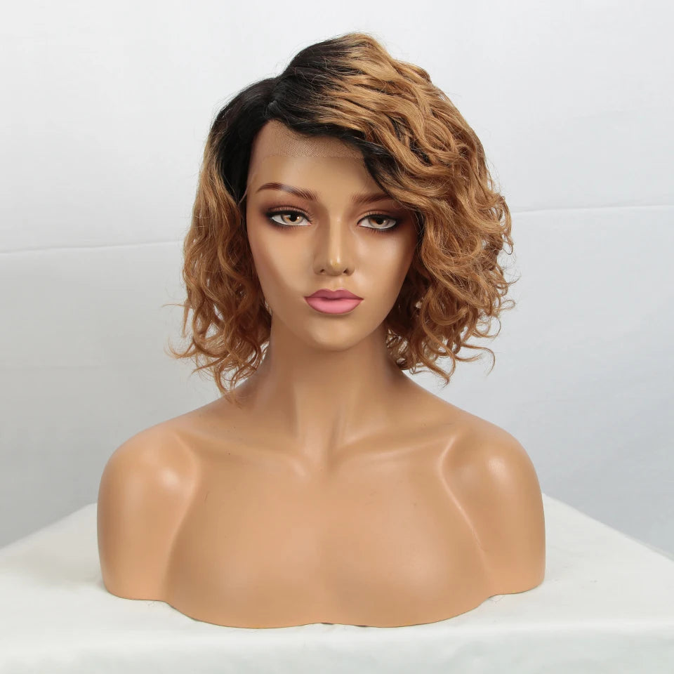 Short Curly Wave Bob Transparent Lace Front Human Hair Wigs - Various Colors Available