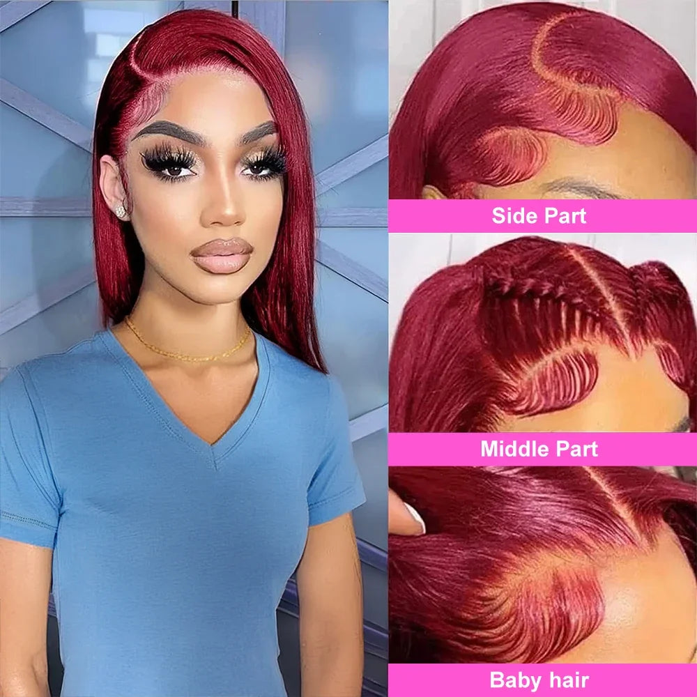 99J Burgundy 13x4 Straight Bob Pre Plucked Pre Cut Transparent Lace Human Hair Glueless Wig