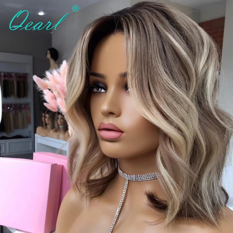 Wavy Bob Ash Brown/Honey Blonde Highlights Lace Frontal Human Hair Wig