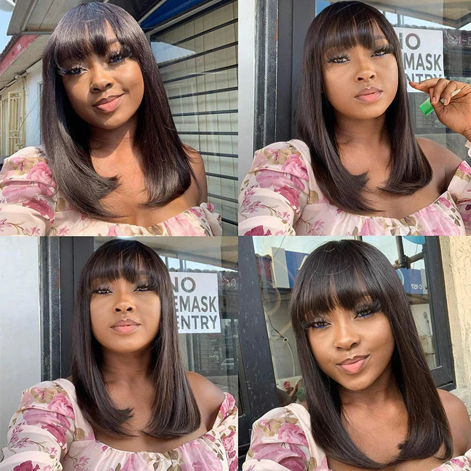 Wiggogo Bone Straight Bob With Bangs - Middle Part Lace Human Hair Wig