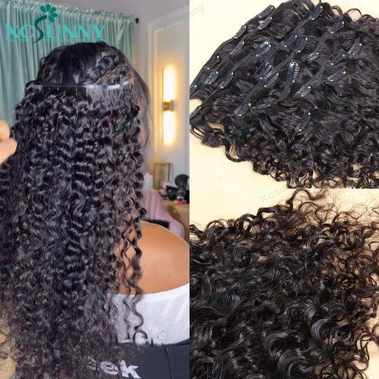 Burmese Water Wave Curly Seamless PU Human Hair Clip Ins