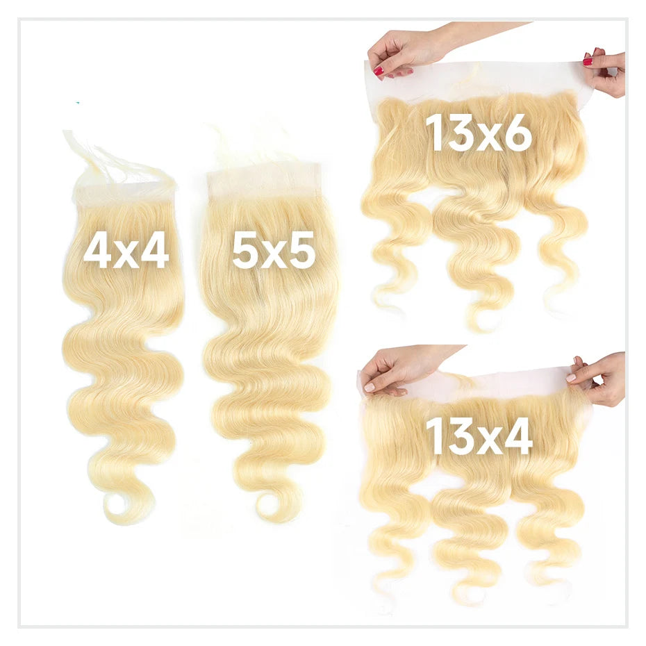 613 Blonde Body Wave HD Lace Frontal or Closure PrePlucked Brazilian Remy Human Hair - Various Options Available