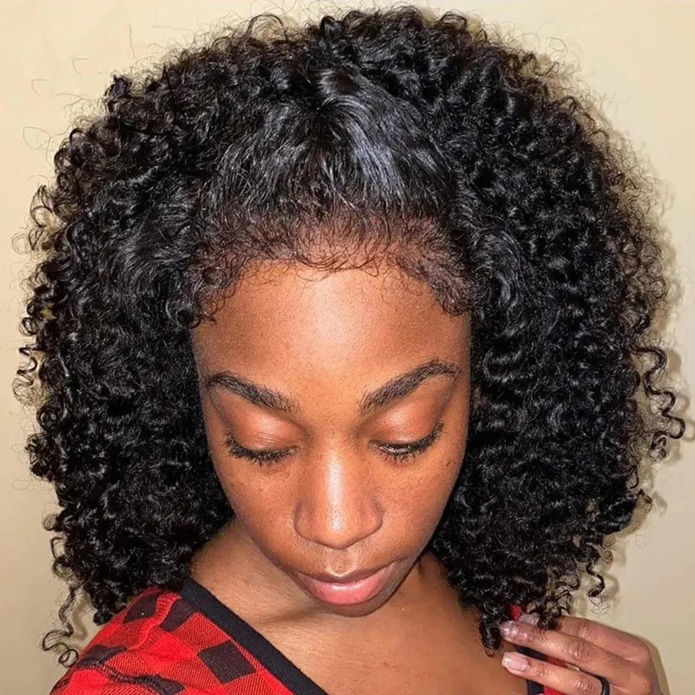 Short Bob Kinky Curly Transparent Frontal Wig With 4C Edges Lace