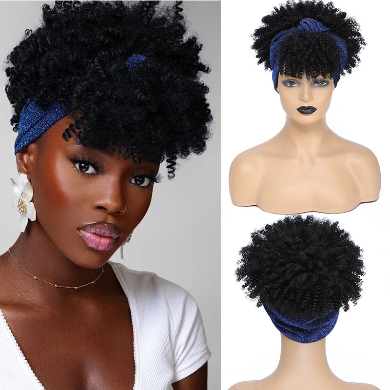 Short Kinky Curly Headband Synthetic Wigs With Bangs - Various Headband and Hair Colors Available