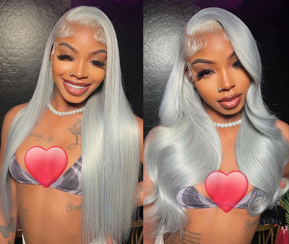 Silver Grey Brazilian Bone Straight or Body Wave - Pre Plucked Lace Front Human Hair Wig