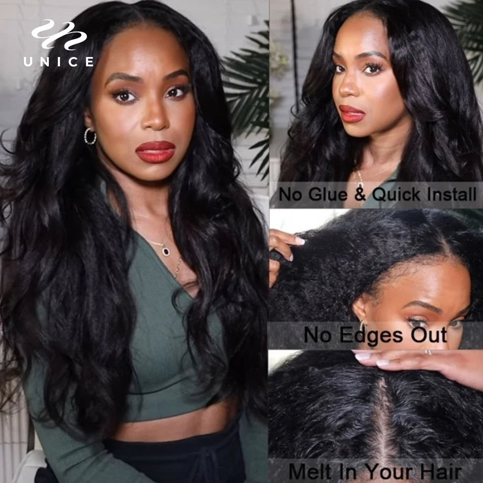 Kinky Straight V & U Part Human Hair Wigs With Drawstring and Minimal Leave Out