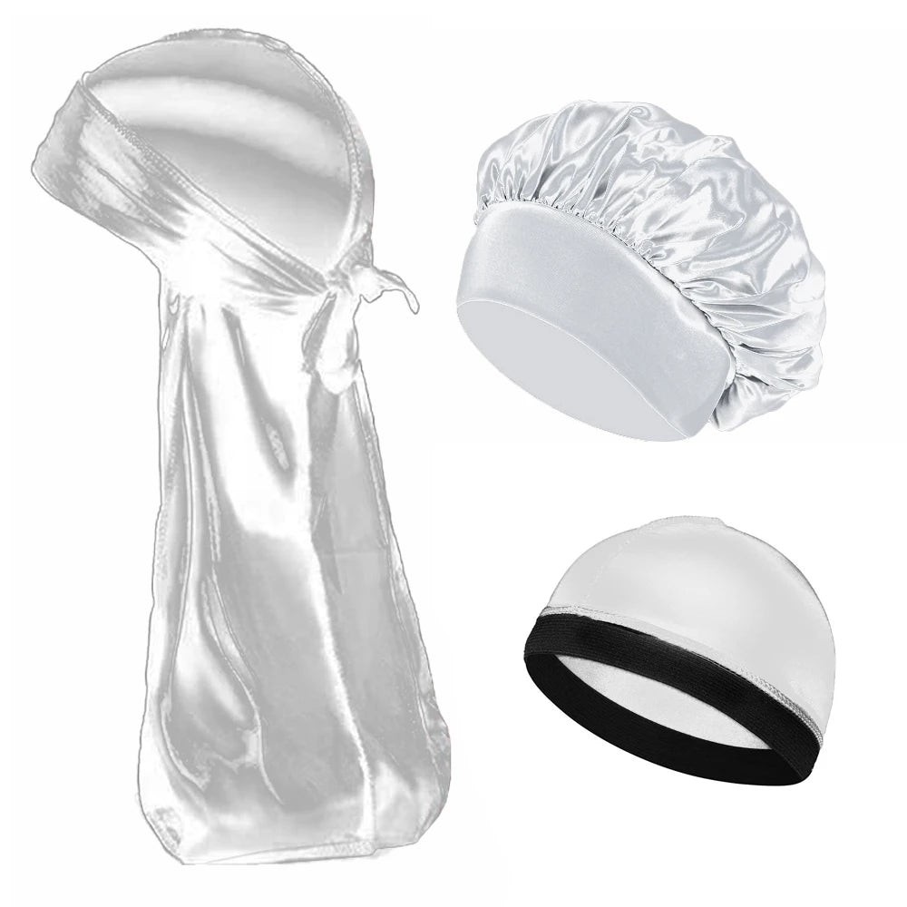 3PCS High Quality Satin Silky Unisex Bonnet, Head Wrap Elastic Band Cap, Durag, Sleeper Cap