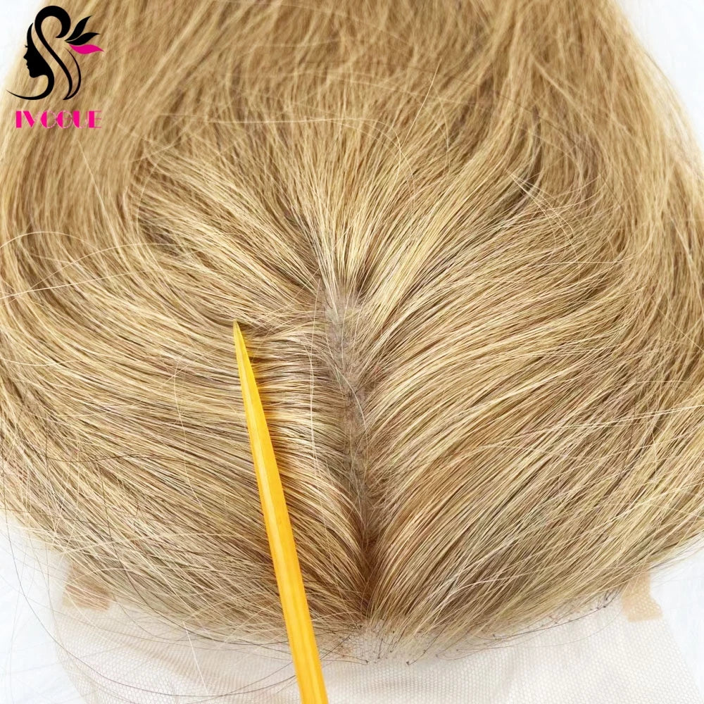 Golden Blonde #27 Human Hair Skin Base Silicone Silk Top Lace Closure Pre Plucked with Baby Hair & Free Part