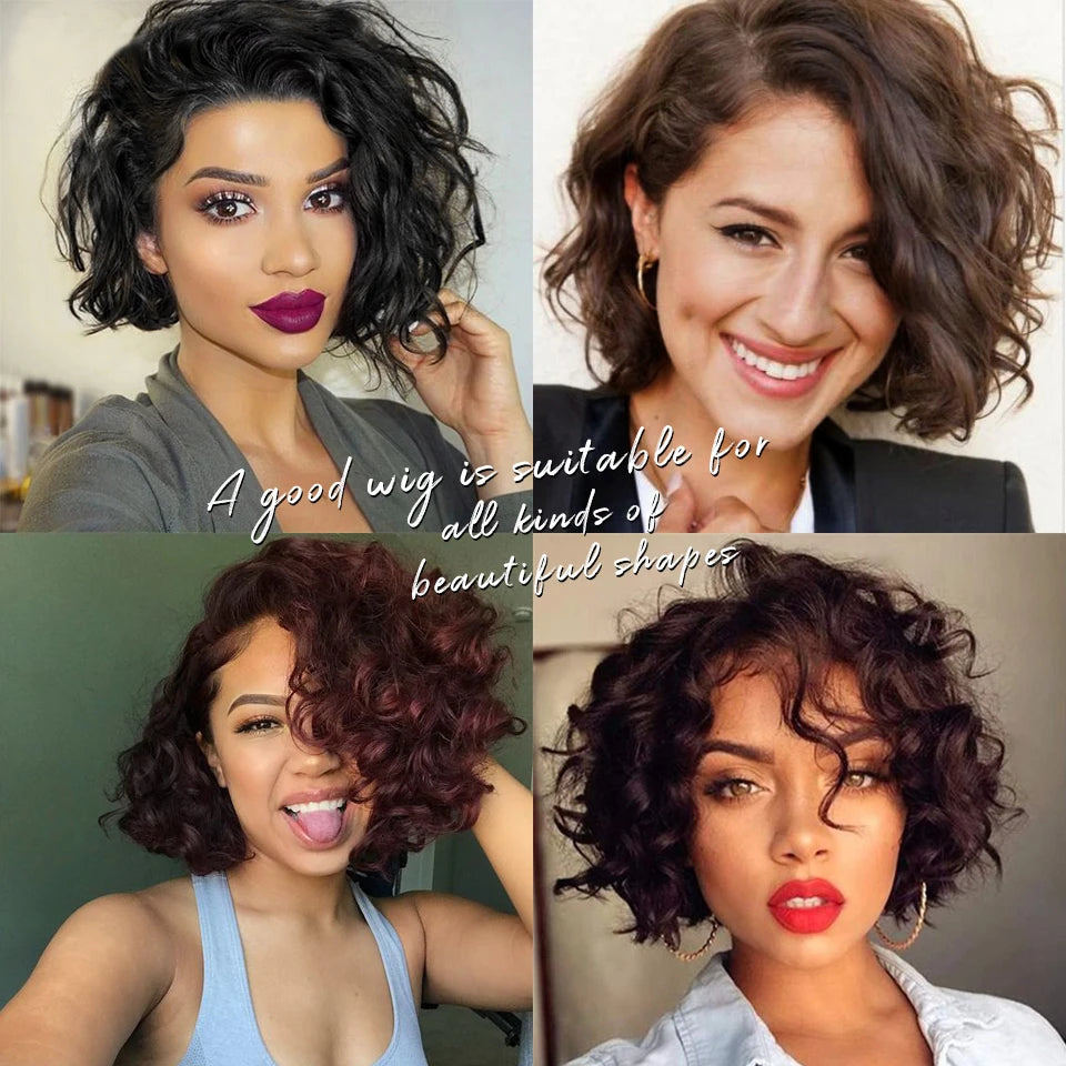 Short Curly Wave Bob Transparent Lace Front Human Hair Wigs - Various Colors Available