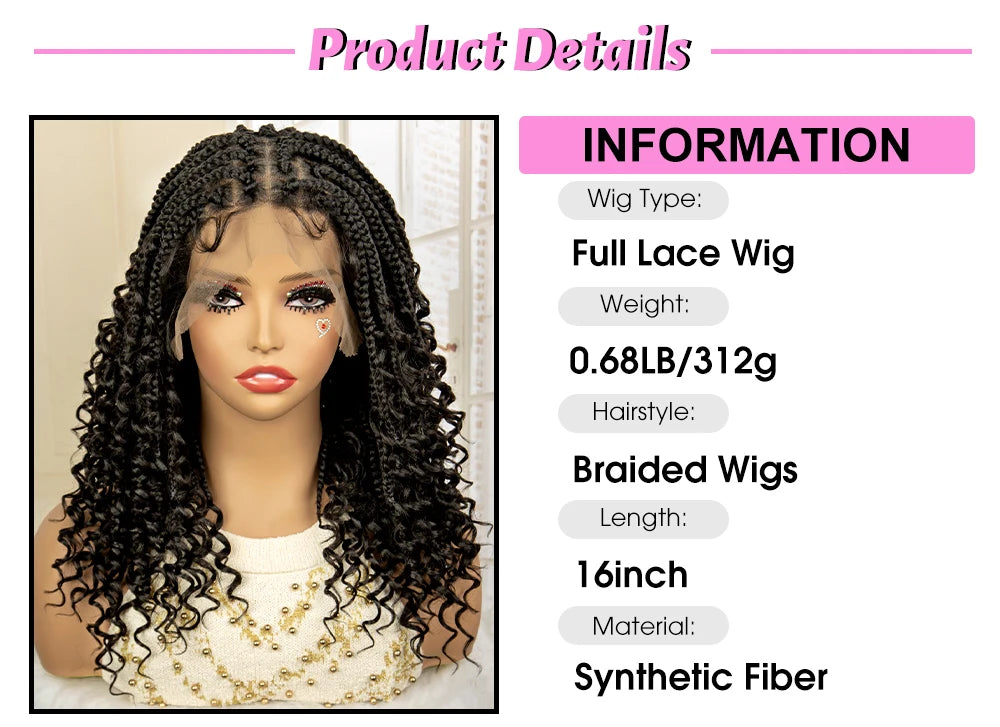 14 Inches Short Box Braided Full Lace Synthetic Boho Wigs  - Various Colors Available