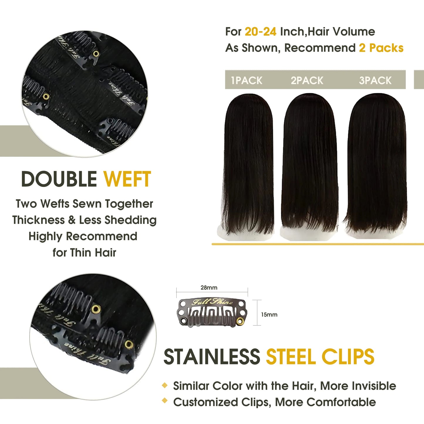 Straight Human Hair Clip-in Extensions, 7Pcs 80 &105g  - Various Colors Available