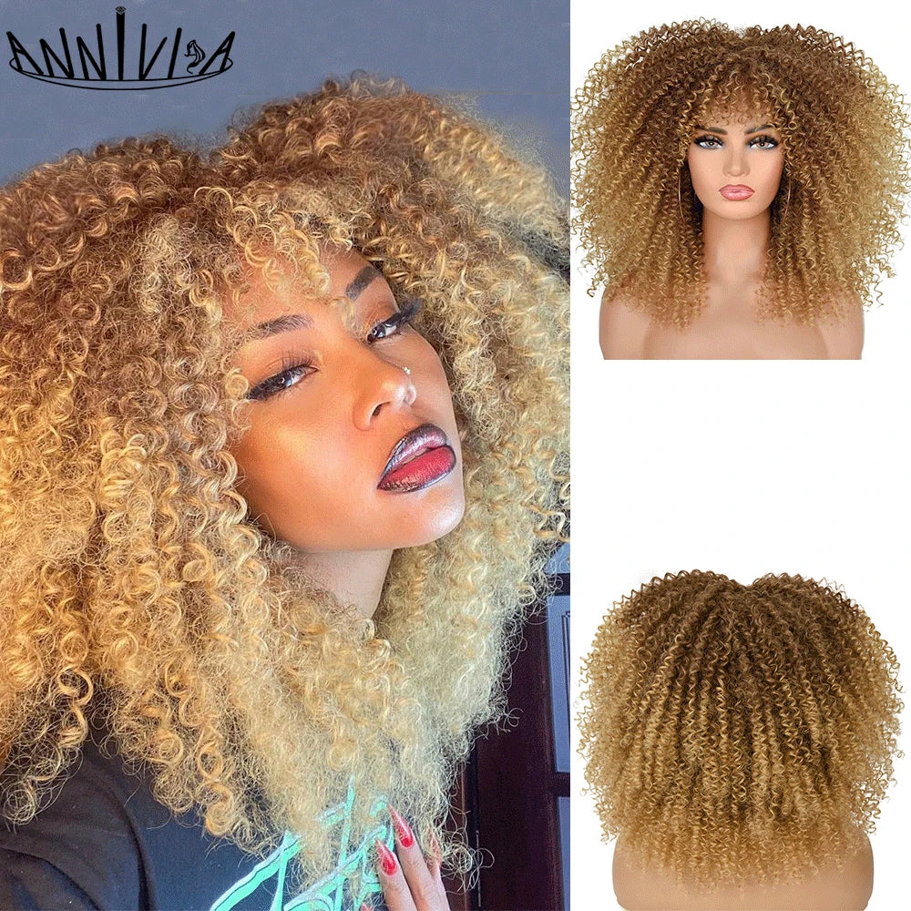 Synthetic Kinky Curly Wigs With Bangs - Various Colors Available