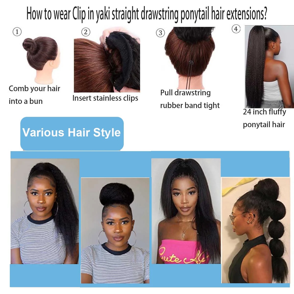 Yaki Straight 100% Human Hair Wrap Around Drawstring Ponytail Natural Black 1B