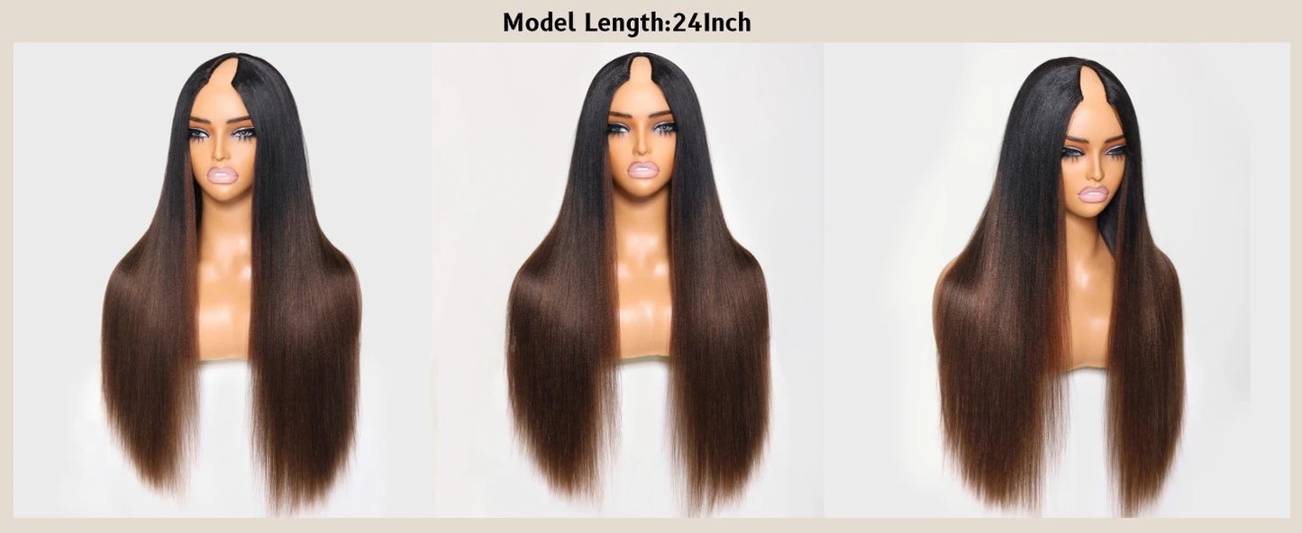 Yaki Straight V Part / U Part Ombre Brown Color 100% Human Hair Wig
