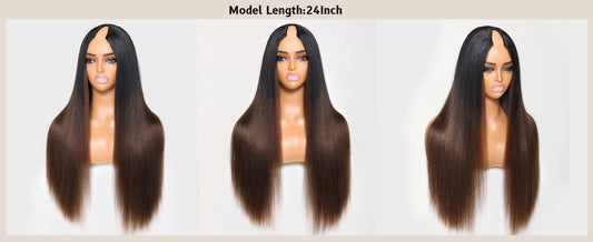 Yaki Straight V Part / U Part Ombre Brown Color 100% Human Hair Wig
