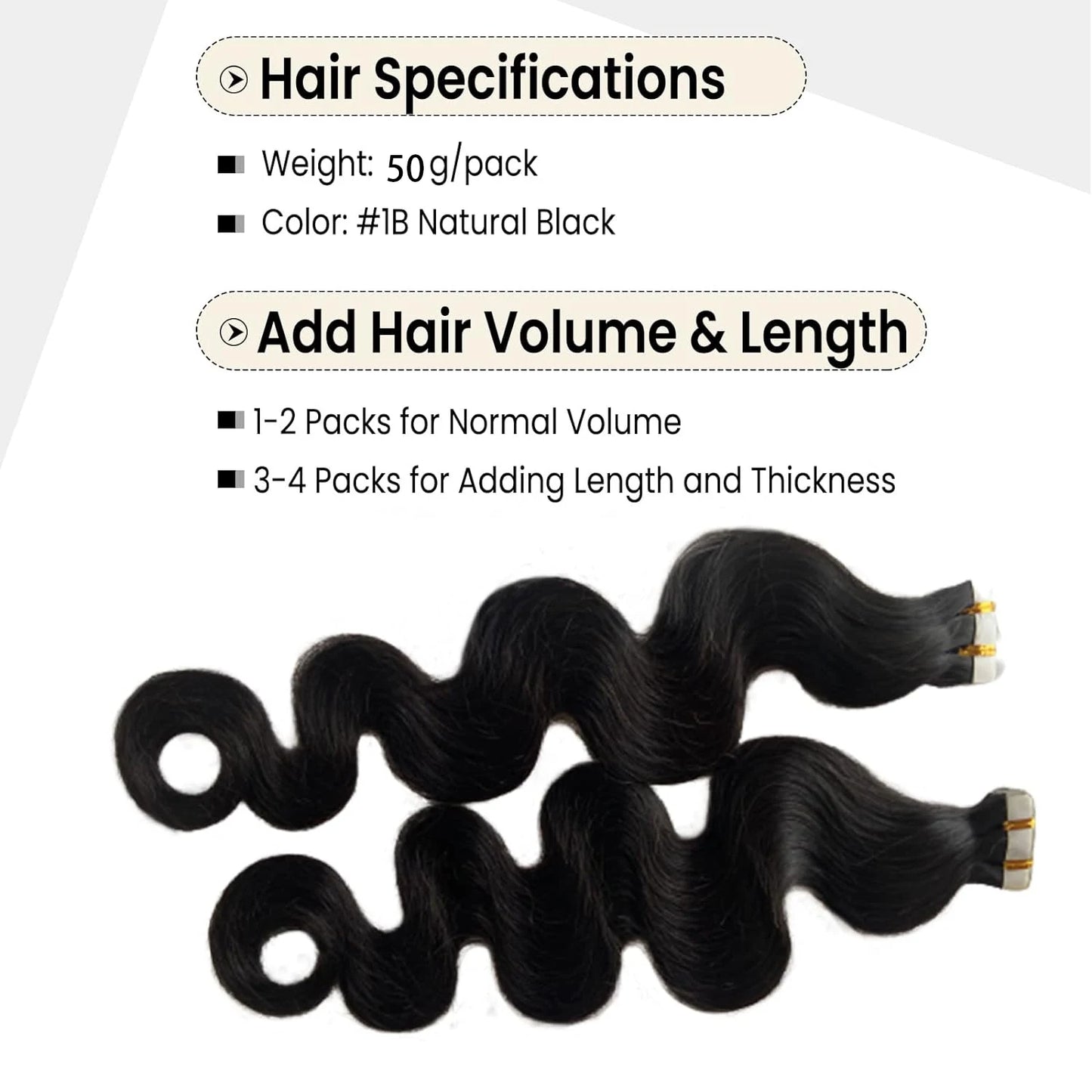 Body Wave Human Hair Tape - In Extensions, Natural Color (1B)
