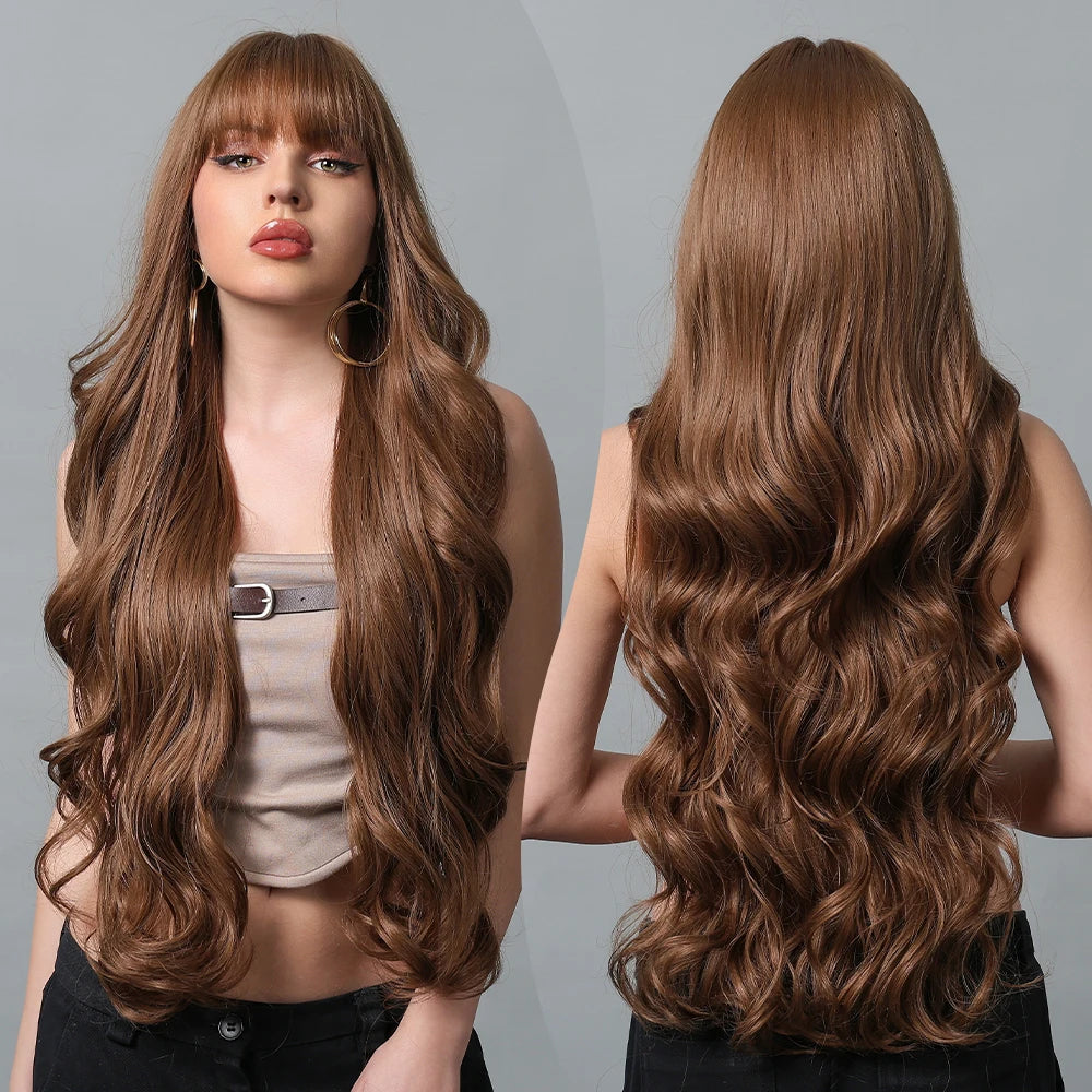 Long Wavy Synthetic Hair Wigs with Bangs - Various Colors Available
