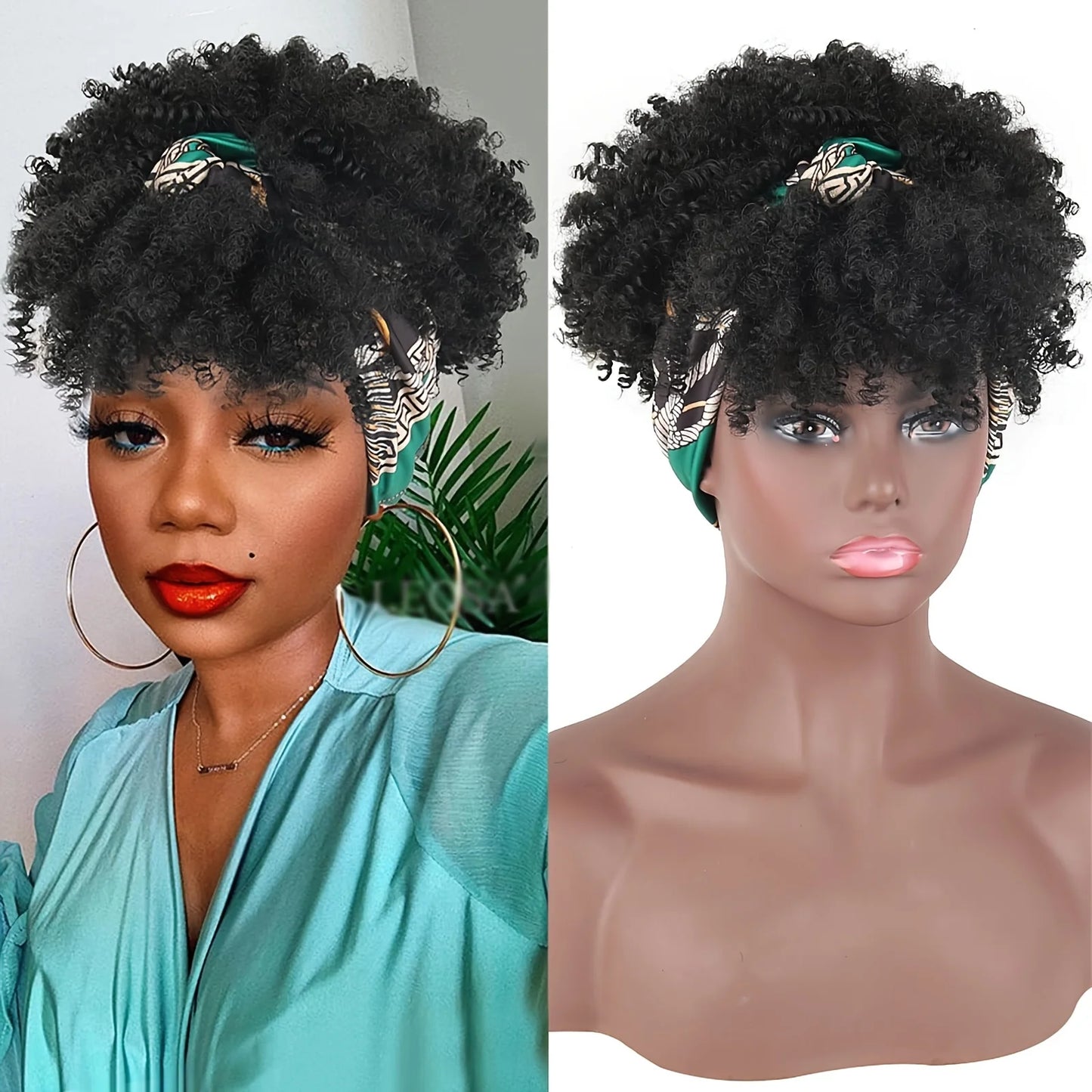 Short Kinky Curly Headband Synthetic Wigs With Bangs - Various Headband and Hair Colors Available