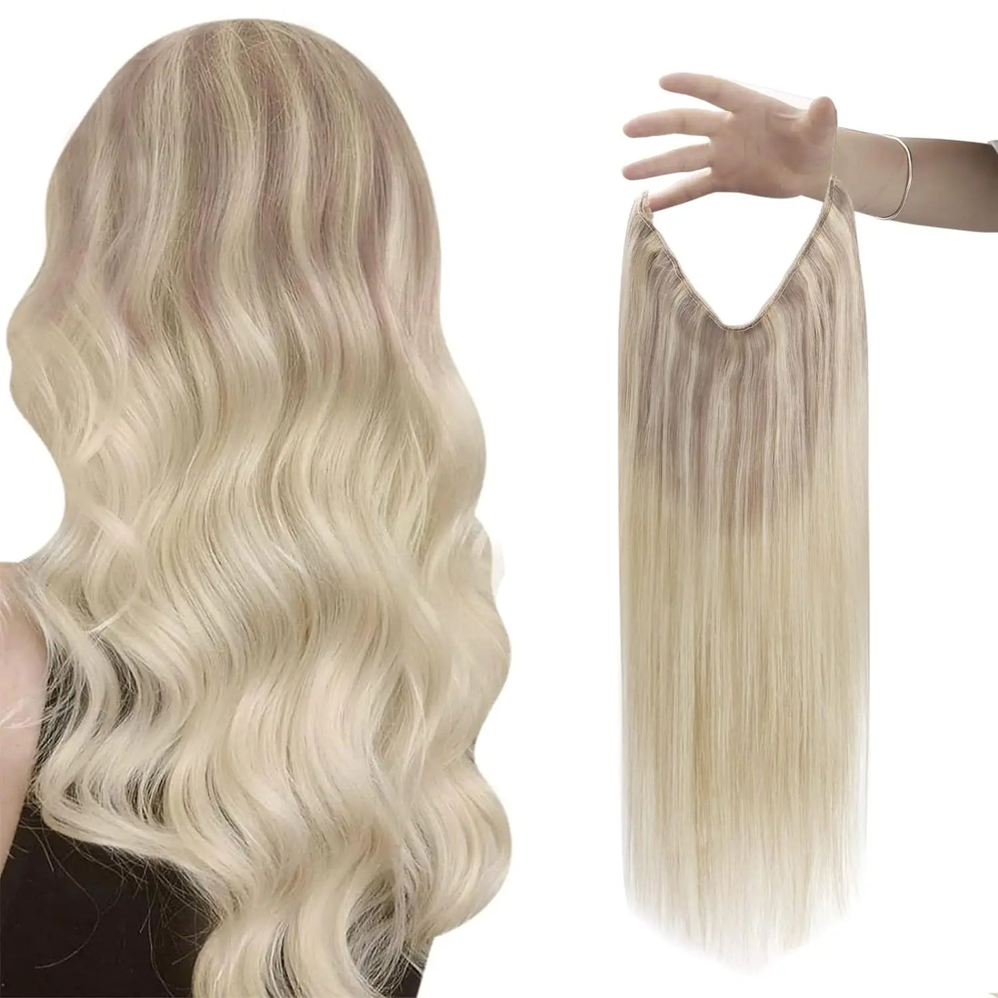 Fish Line Human Hair Extension - One Piece Invisible Wire Hair Weft with 2 Clips