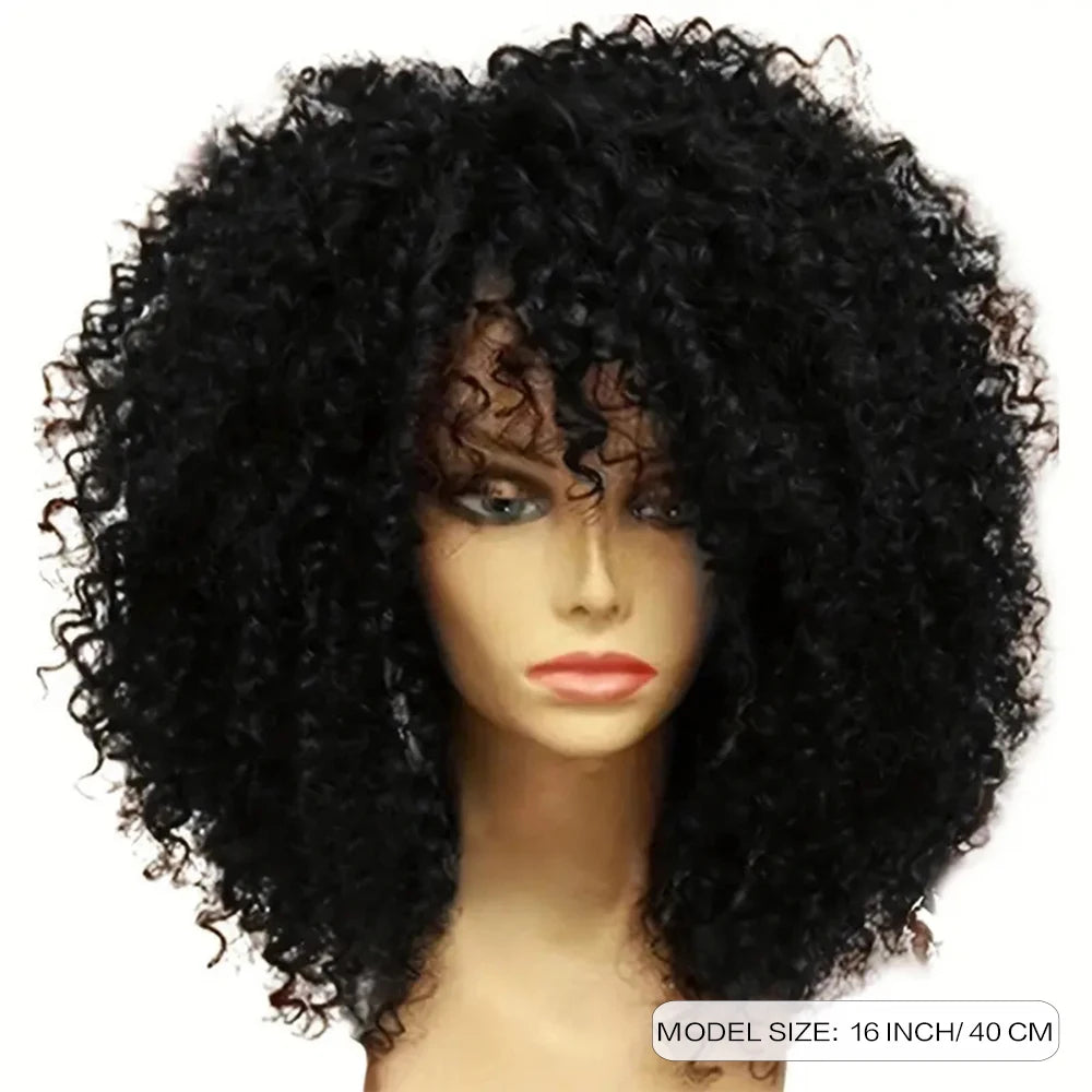 Synthetic 16 Inch Afro Kinky Curly Wigs With Bangs - Various Colors Available