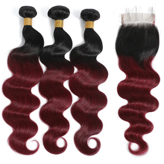 1B99J Body Wave Bundles With Closure Brazilian Human Hair