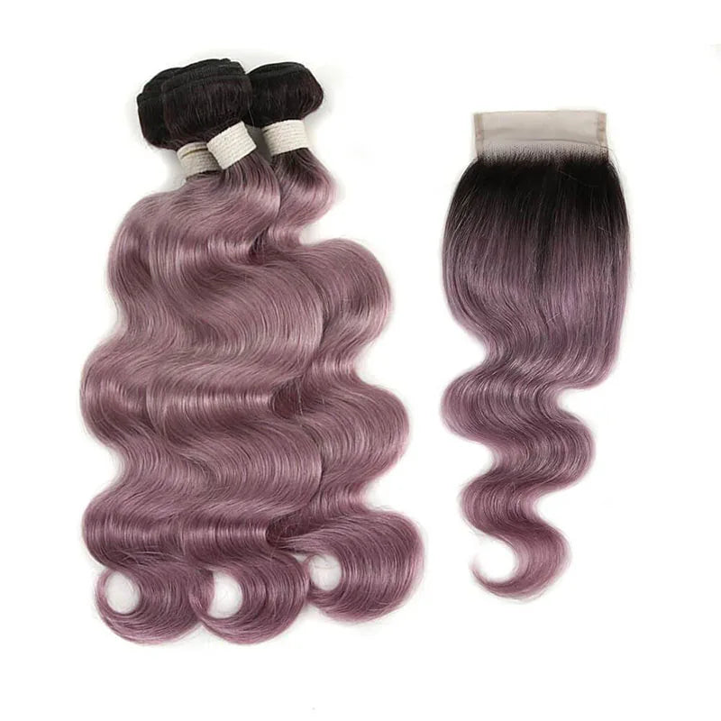 #1B/Dusty Pink Body Wave Hair Bundles with 4X4 Lace Closure - Human Hair