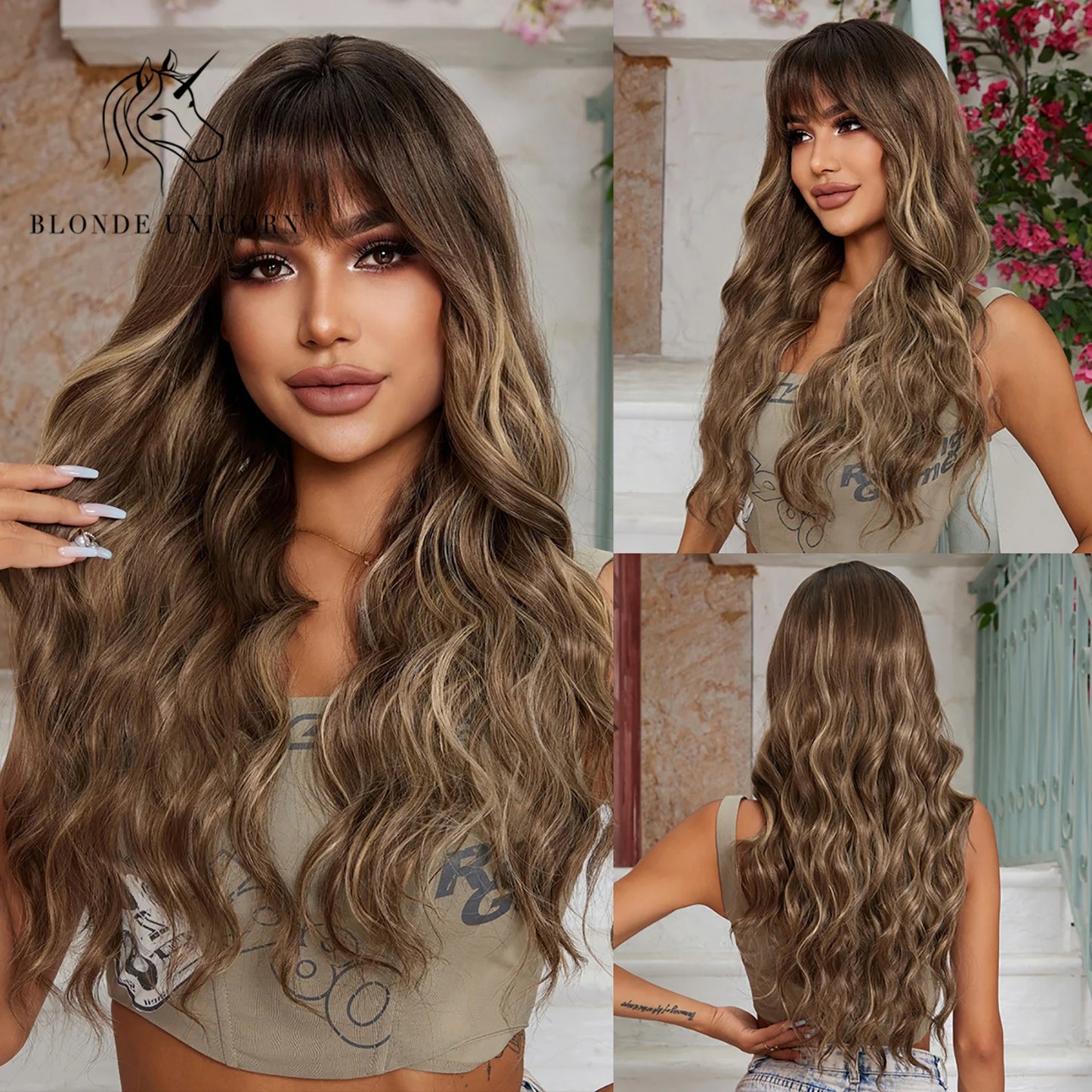 Wavy Synthetic Wig with Bangs - Various Colors Available