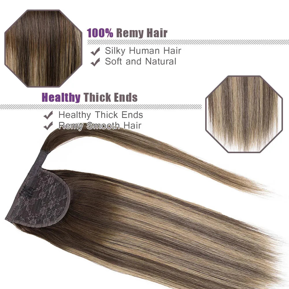 Straight Wrap Around Clip In Human Hair Ponytail, Ombre Highlight #4/27 Colors