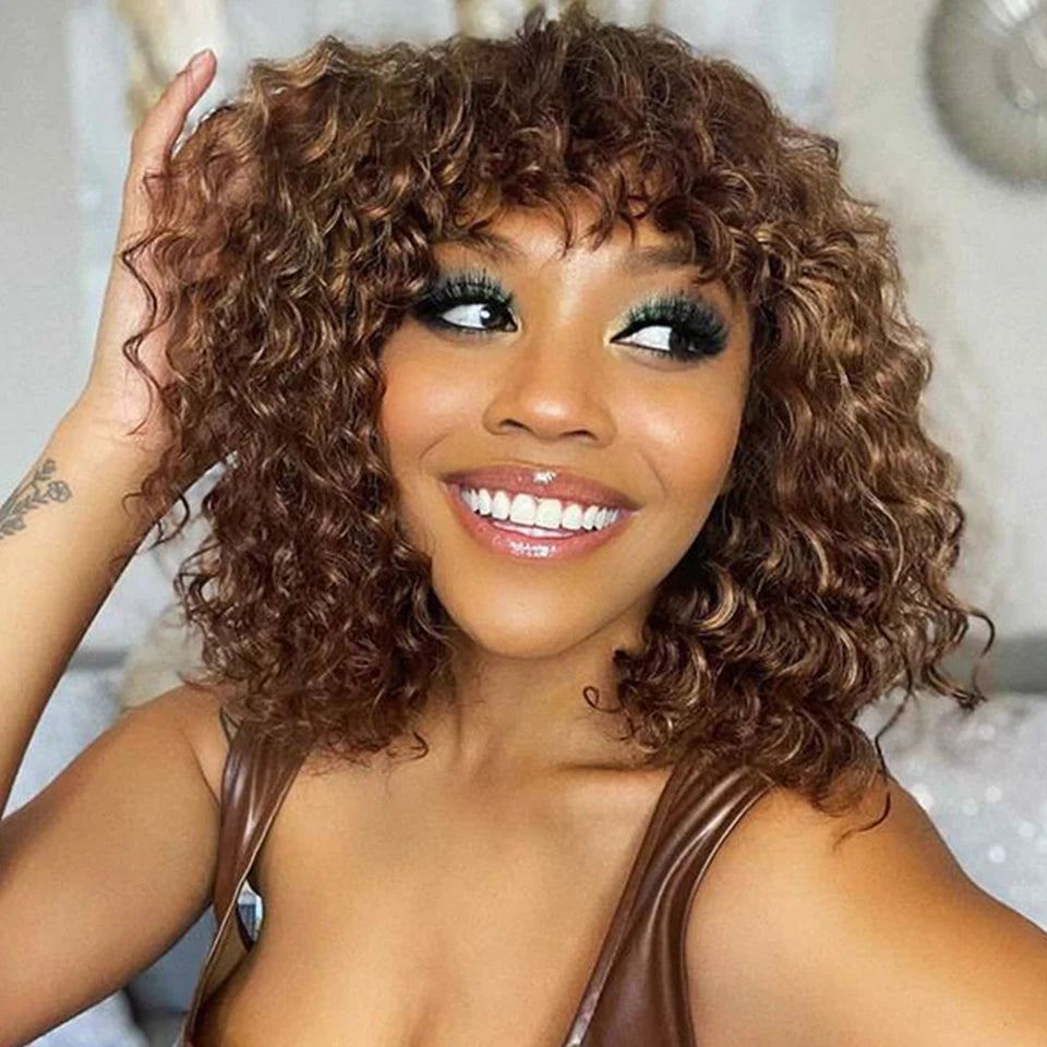 Curly Wave Short Pixie Bob Cut With Bangs Human Hair Glueless Wigs -Various Colors Available