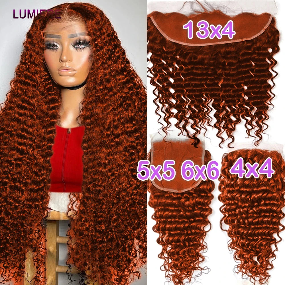 Ginger Orange Deep Water Curly Wave 100% Human Hair Brazilian Transparent Lace Frontal or Closures