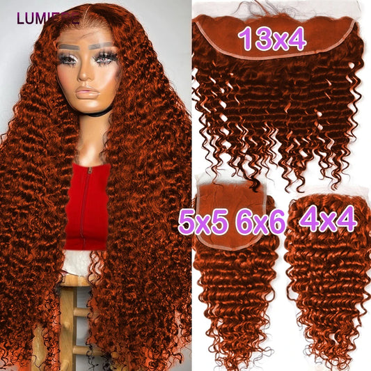 Ginger Orange Deep Water Curly Wave 100% Human Hair Brazilian Transparent Lace Frontal or Closures