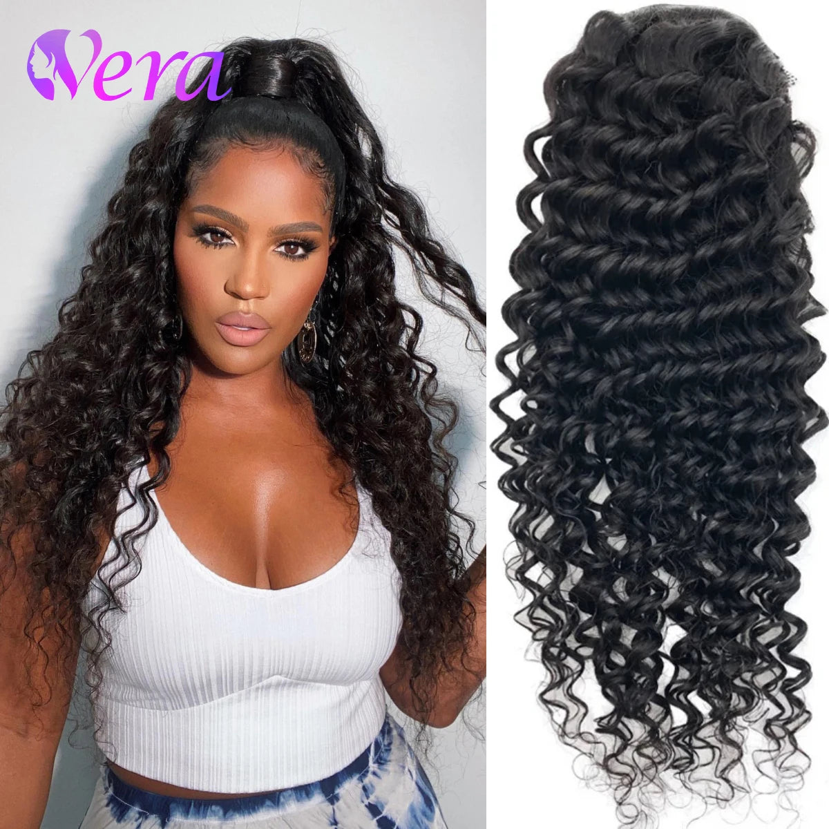Deep Wave Curly Drawstring Brazilian Human Hair Clip In Ponytail