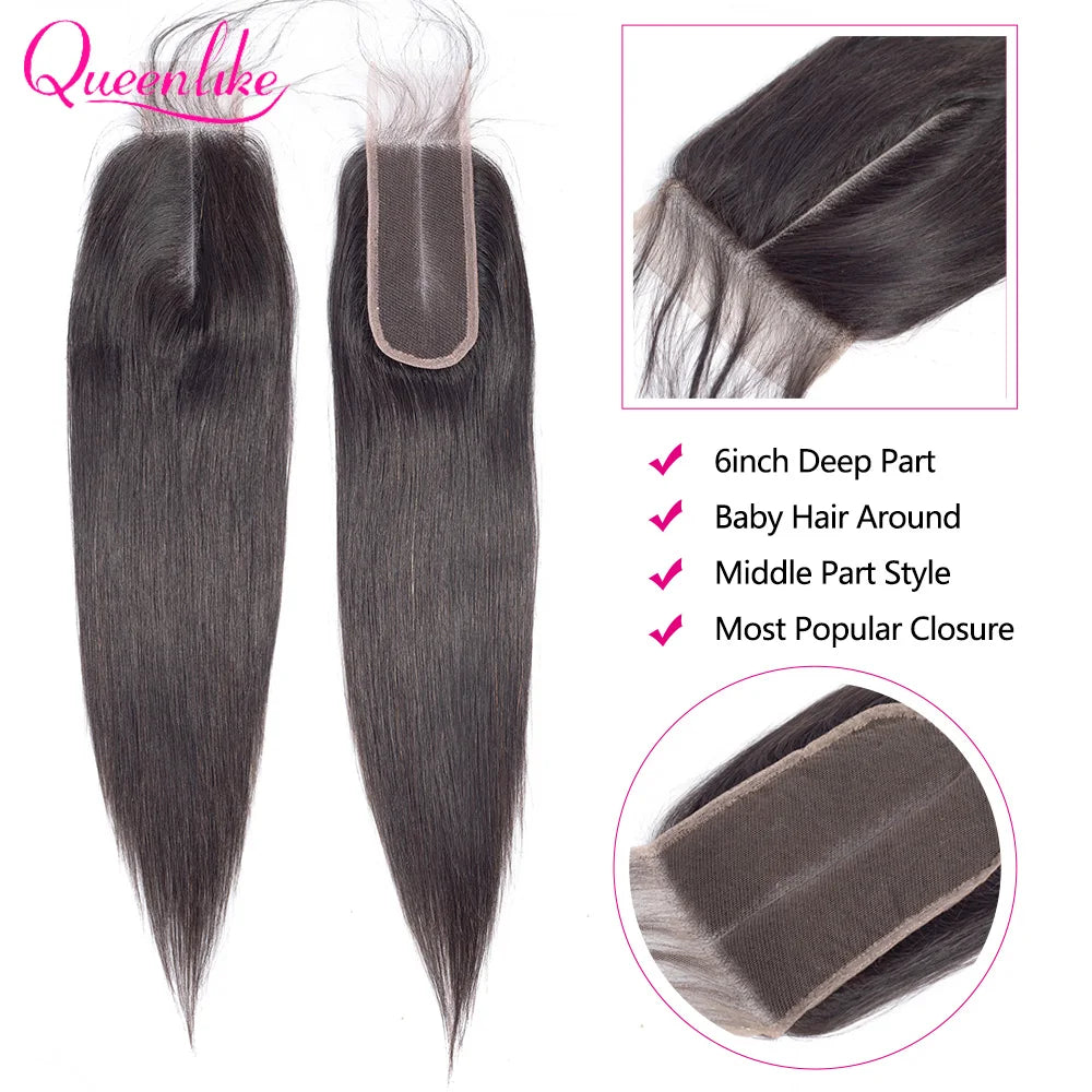 Brazilian Straight, 2x6, 6 Inch Deep, Middle Part Lace Front Closure
