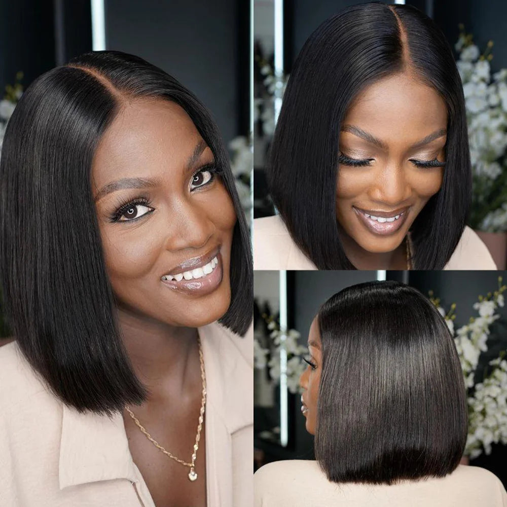 Straight Bob Human Hair Pre Plucked Frontal Lace Glueless Wigs