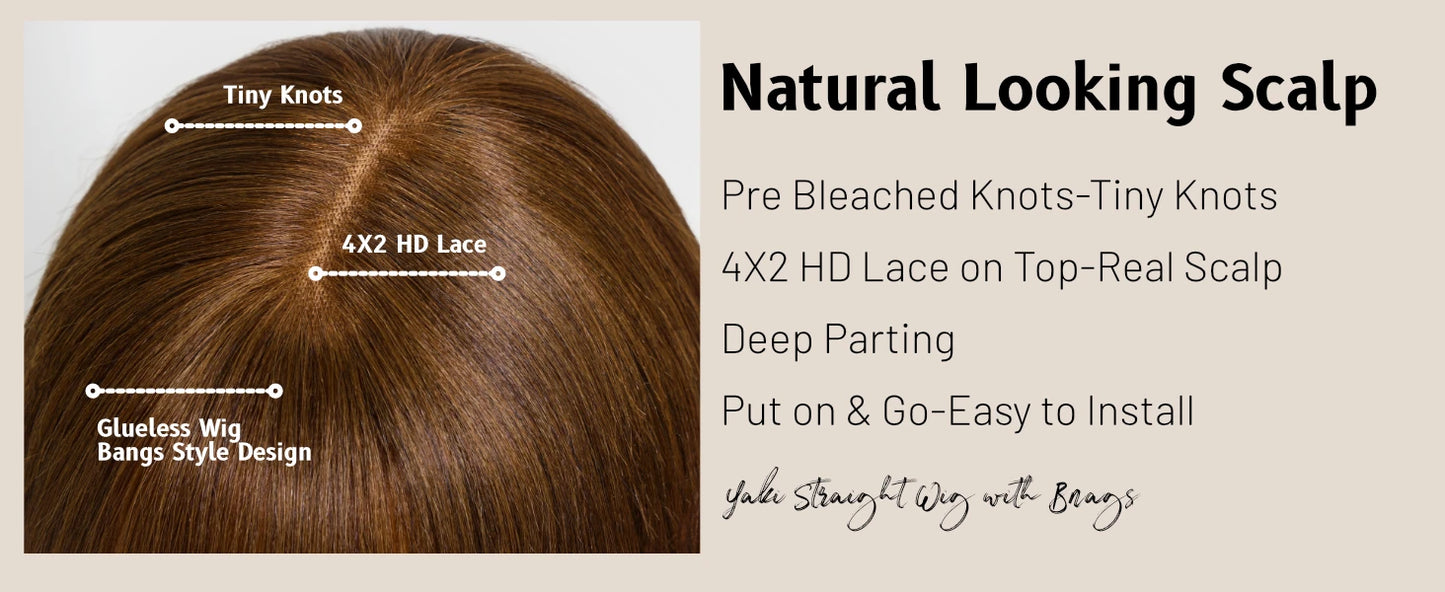 Yaki Straight With Bangs Layered Cut - Lace Front Human Hair Glueless Ready To Wear Wig