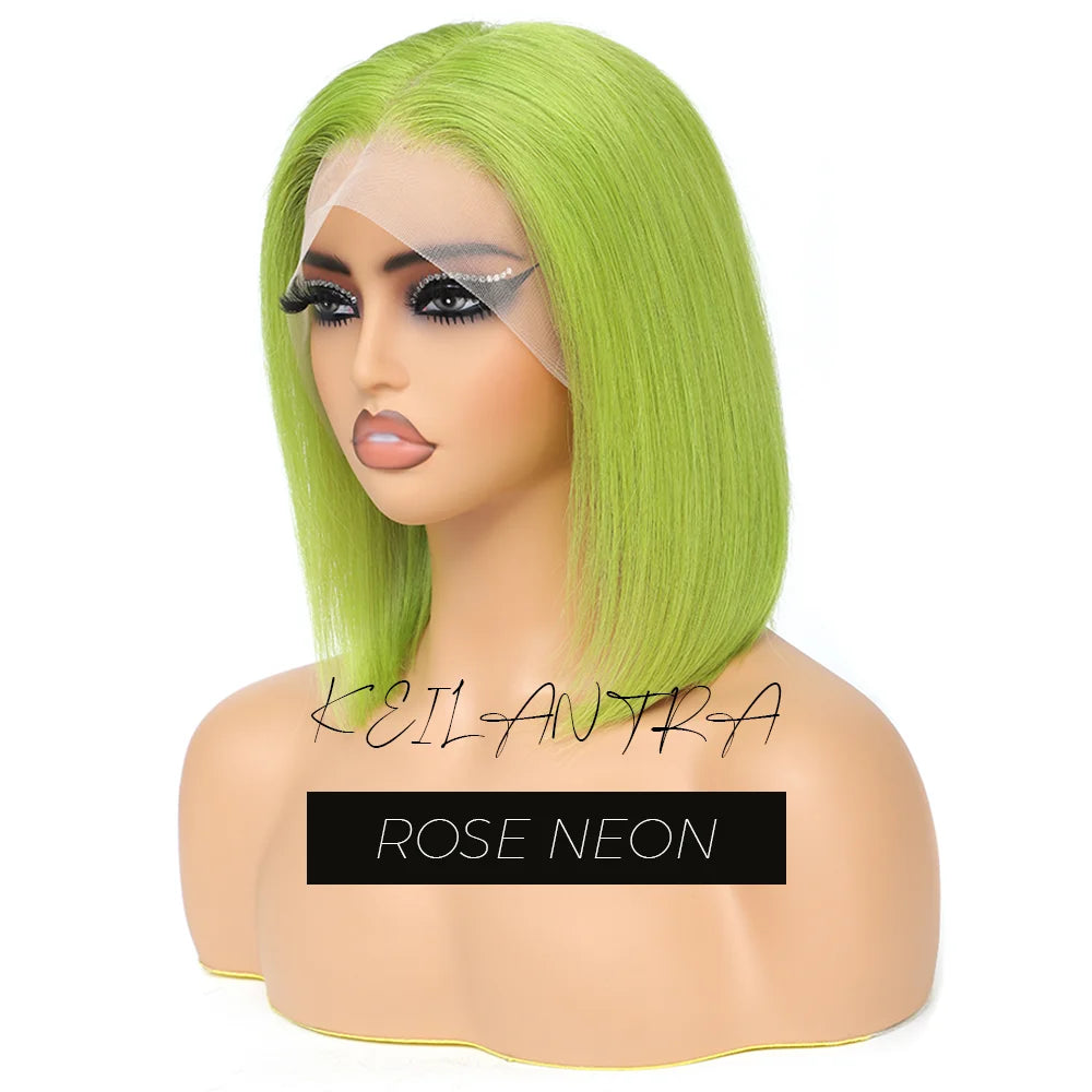 Rose Pink Short Straight Bob Pre Plucked HD Transparent Lace Front Human Hair Wig
