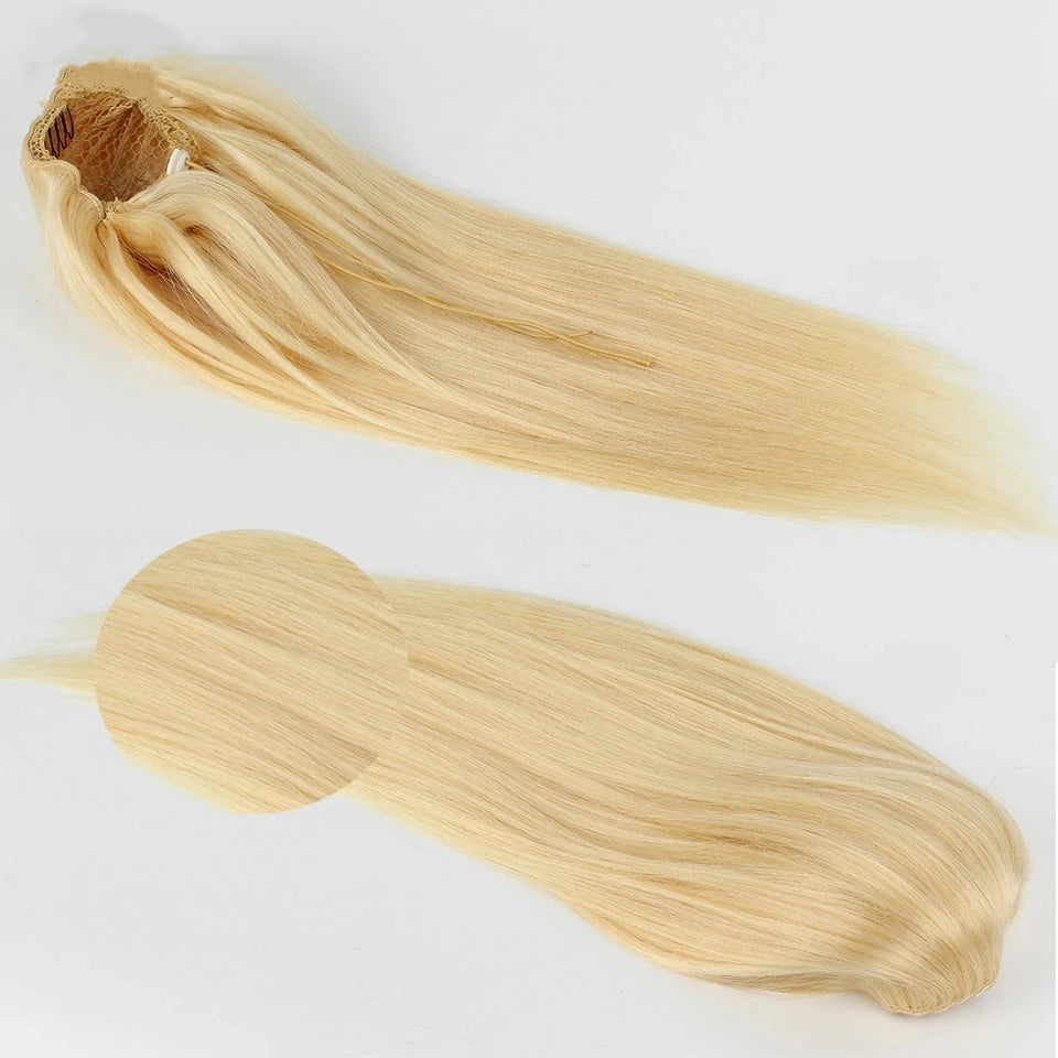 #613 Blonde Straight 100% Unprocessed Human Hair Drawstring Ponytail With Clip