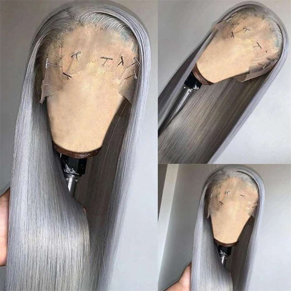 Silver Grey Brazilian Bone Straight or Body Wave - Pre Plucked Lace Front Human Hair Wig
