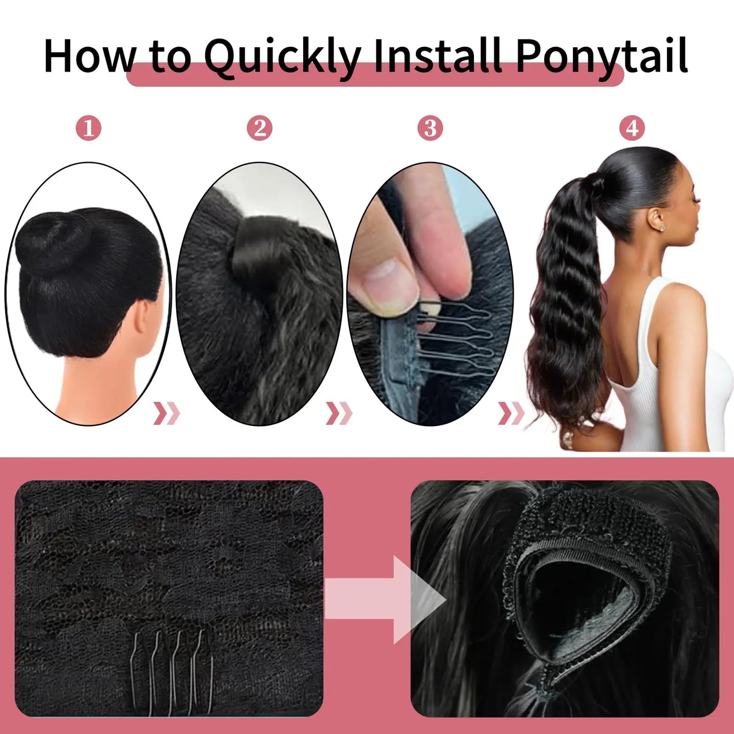 Human Hair Wrap Around Ponytail 10-32 Inches; Available in Straight, Body Wave, Water Wave & Kinky Curly (Natural Color)