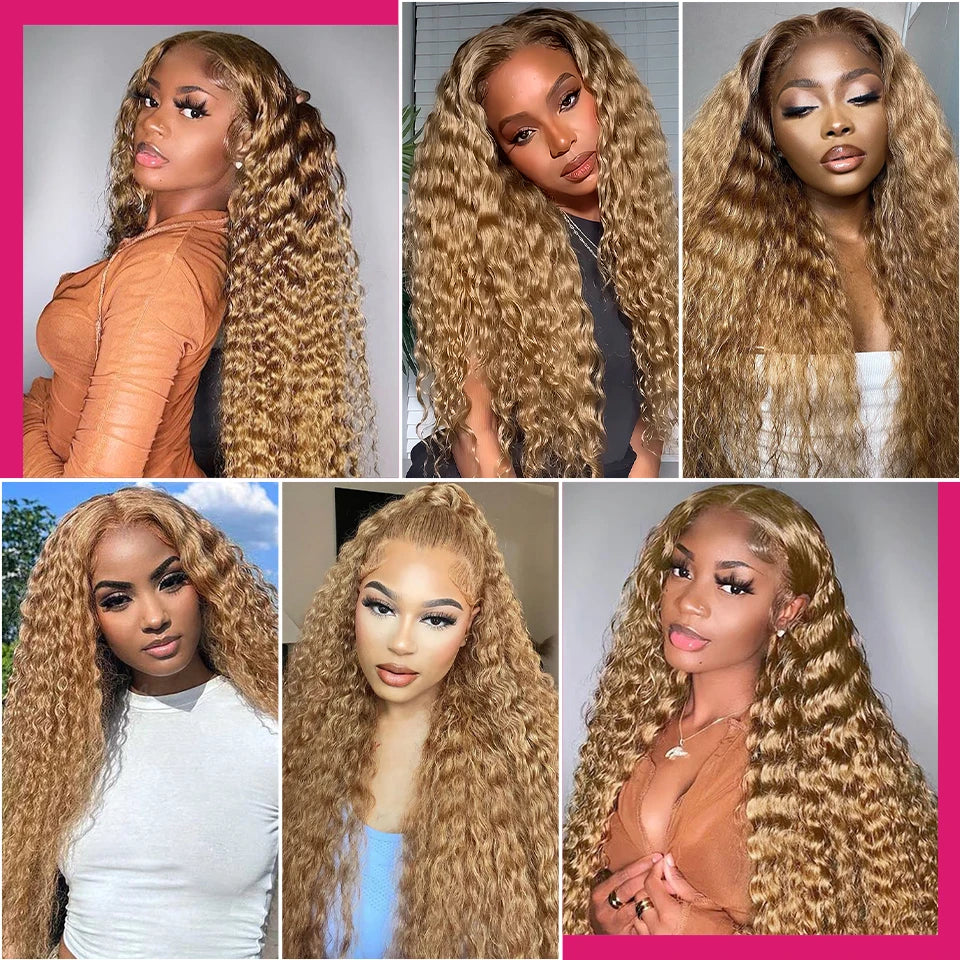#27 Honey Blonde Deep Wave Human Hair Transparent Lace Closure or Frontal