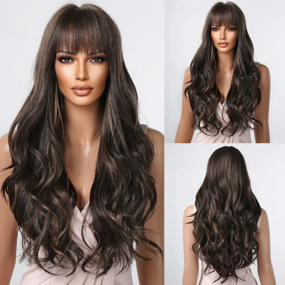 Long Curly Wavy Heat Resistant Synthetic Wigs With Bangs - Various Colors Available