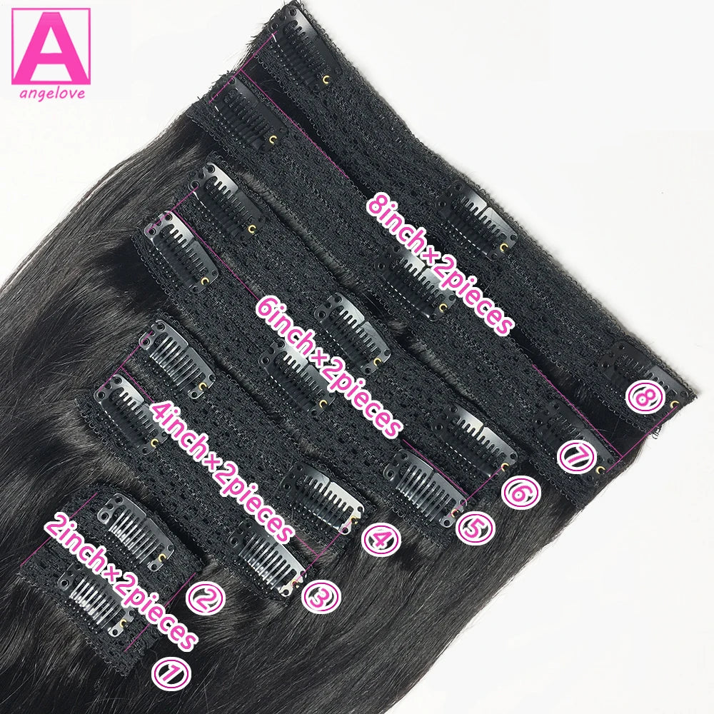Straight Clip - In Human Hair Extensions, 8pcs Set - Various Colors Available
