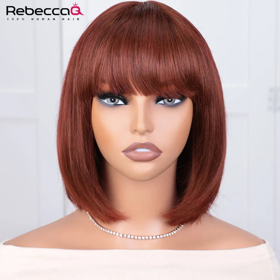 Short Straight Bob Lace Front Glueless Human Hair Wig With Bangs - Various Colors