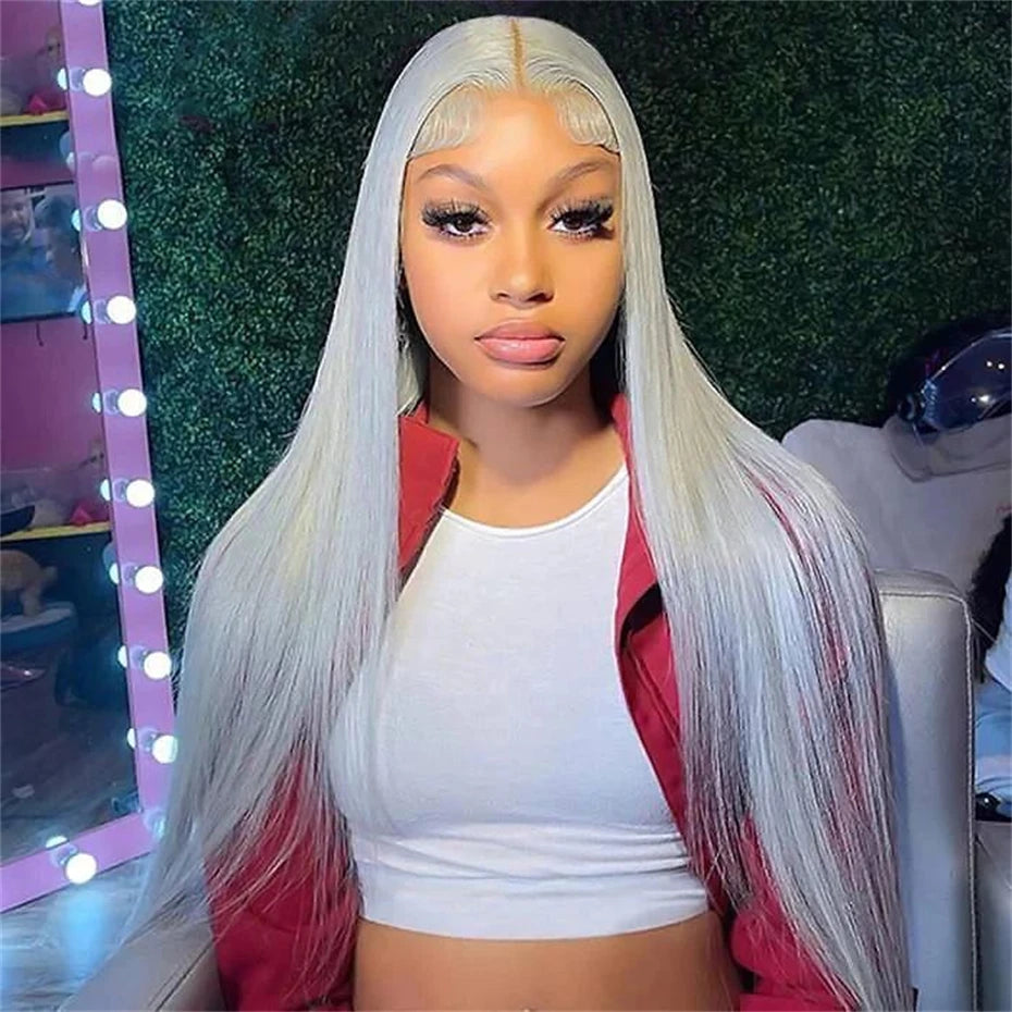 Silver Grey Brazilian Bone Straight or Body Wave - Pre Plucked Lace Front Human Hair Wig