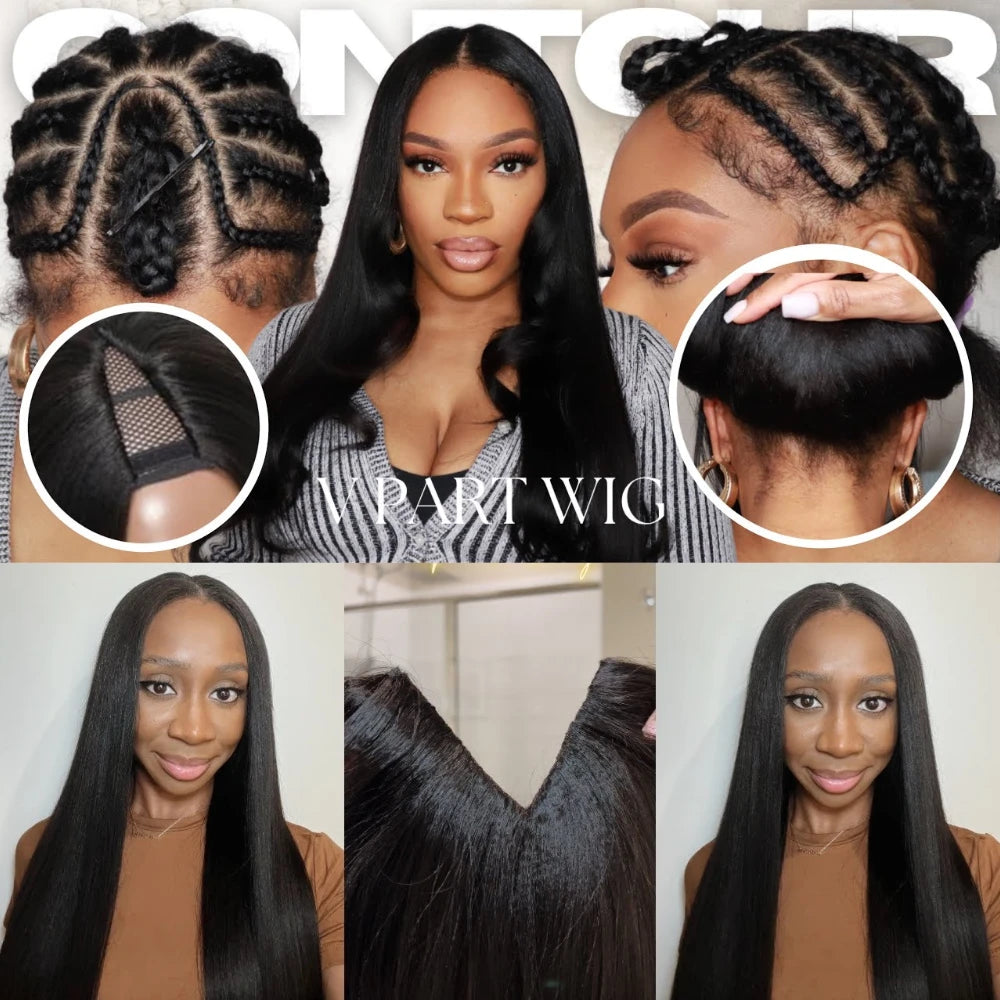 Drawstring Yaki Straight V Part Human Hair Wigs Mini Leave-Out