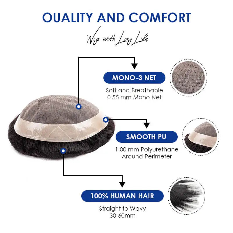 Human Hair Prosthesis Toupee/Hair Replacement Systems Large Sizes (8X11 & 9X11) 130% Density 6" - Various Options Available