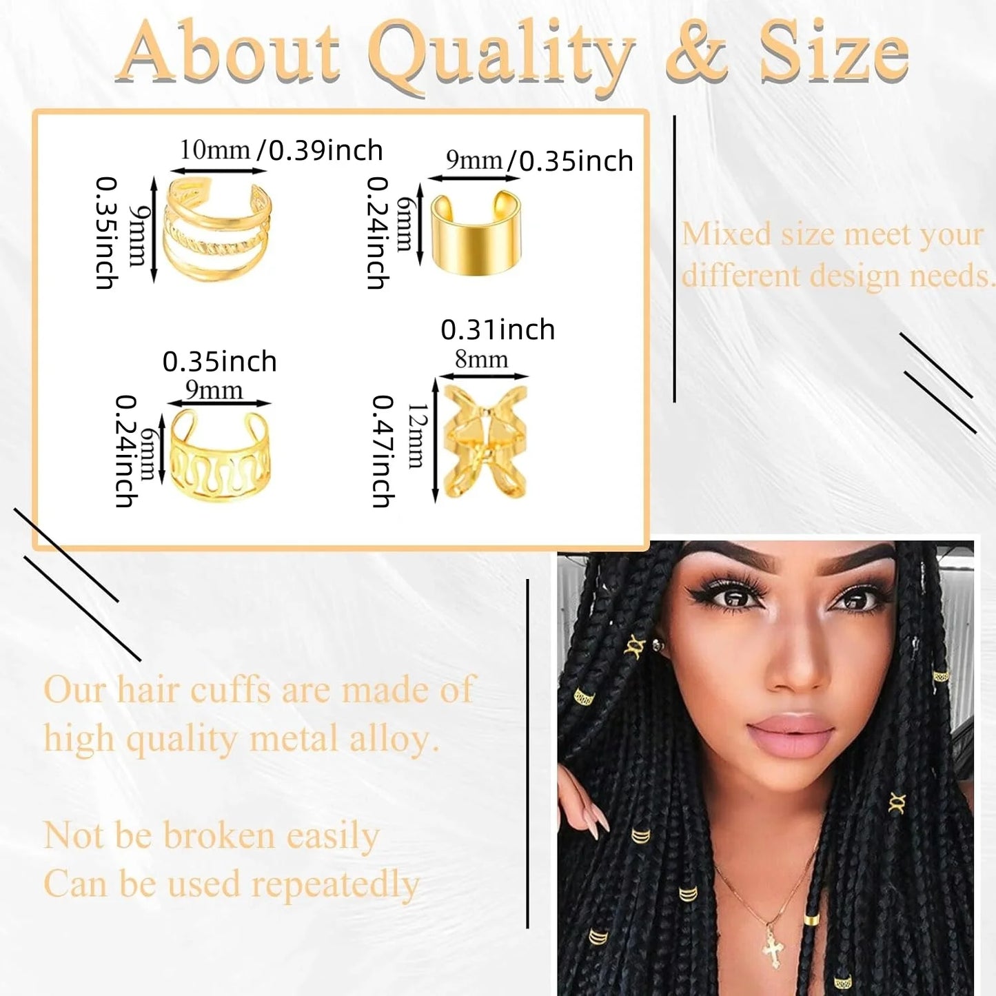 40PCS Gold and Silver Hair Cuffs Multi Style Rings Adjustable Hair Beads