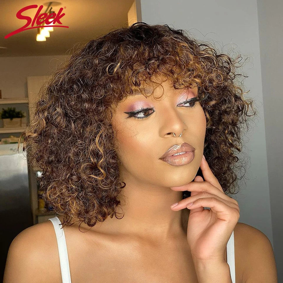 Curly Wave Short Pixie Bob Cut With Bangs Human Hair Glueless Wigs -Various Colors Available
