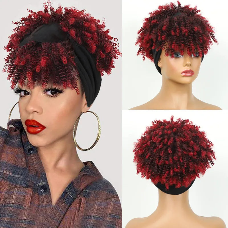 Headband Kinky Curly Synthetic Wigs with Bangs - Various Headband and Hair Colors Available