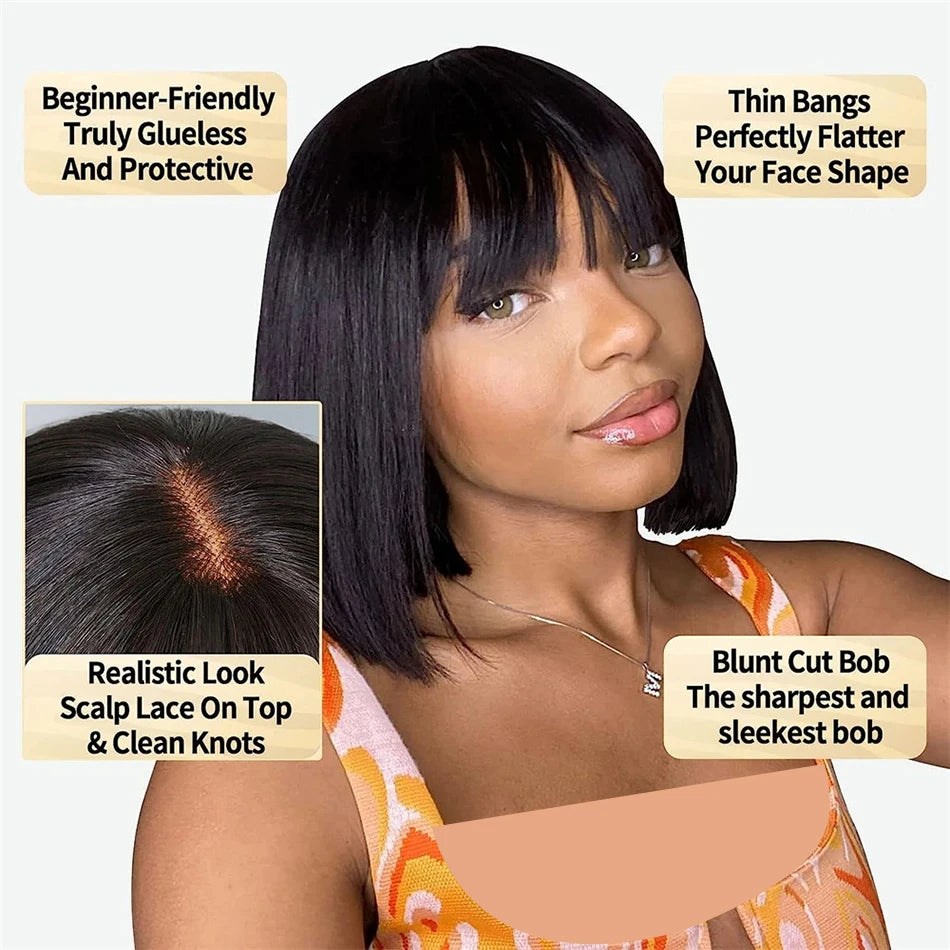Wiggogo Bone Straight Bob With Bangs - Middle Part Lace Human Hair Wig